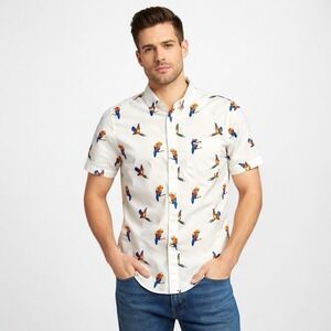 Goodfellow Mens Tropical Parrot Size S Button-Up Shirt Short Sleeve White Vacay